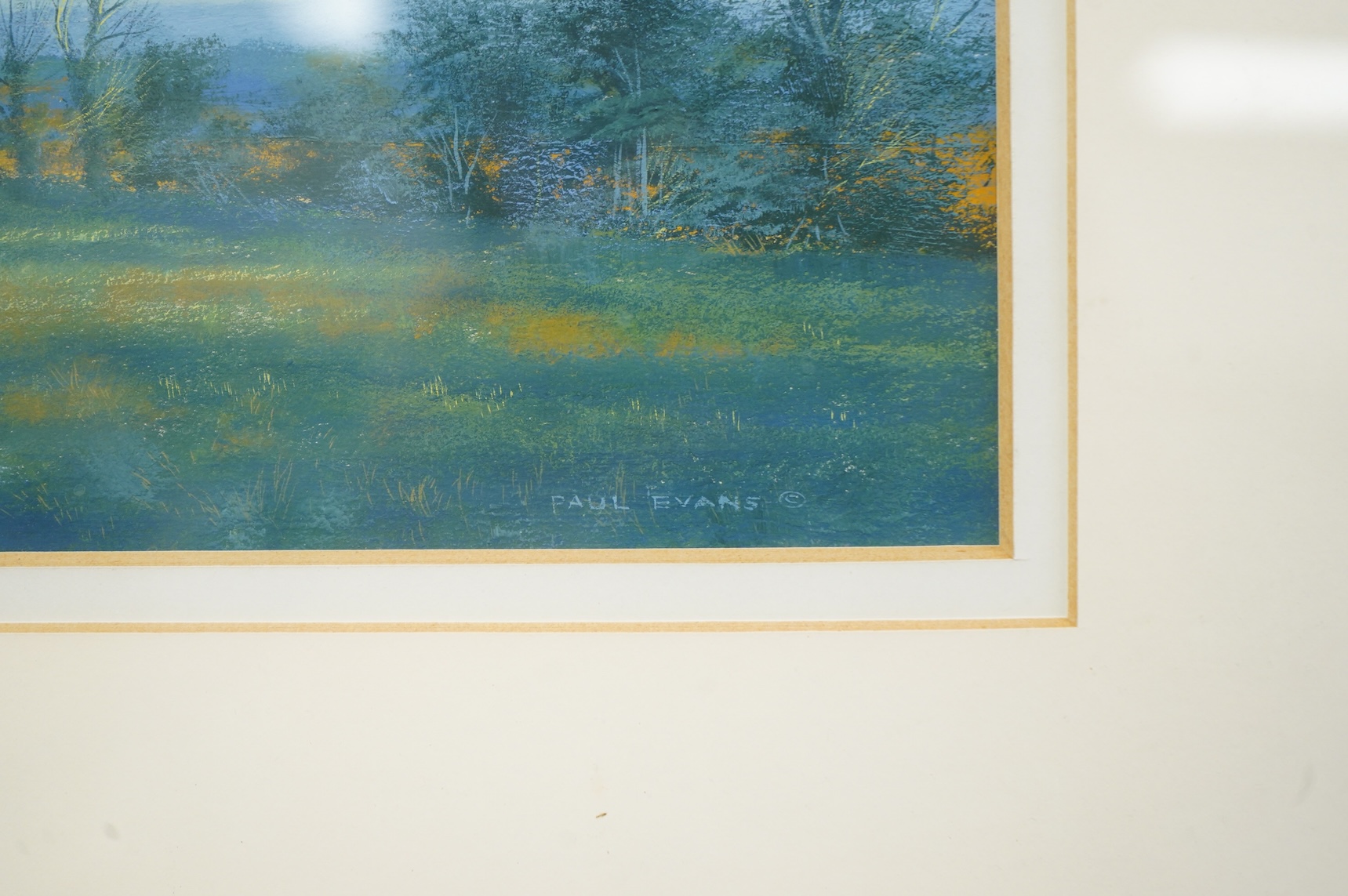 Paul Evans (b.1950), ‘Distant Downs at Dusk’, signed, Chichester House Gallery inscribed label verso, gouache, 20 x 27cm